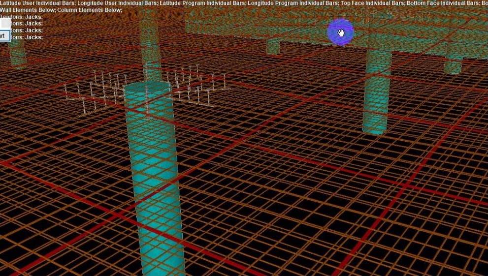 3D structural engineering software model displaying the tendon layout, reinforcement mesh, and column supports for a post tension slab in a parking structure.